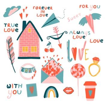 Love stickers. Signs, symbols, items and templates for planners, wedding invitations, notebooks, diaries, and Valentine's Day cards.