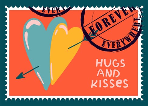 romantic postage stamps. envelopes and cards for valentine's day. Top-down view. Modern vector illustration for web design and print. Retro stamps. Correspondence and postal delivery concept.