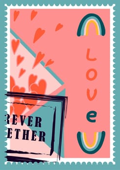 romantic postage stamps. envelopes and cards for valentine's day. Top-down view. Modern vector illustration for web design and print. Retro stamps. Correspondence and postal delivery concept.