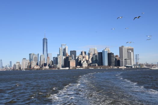 A view of the Big Apple in New York City from the drive towards Staten Island. Seagulls accompany the ferry. A magnificent view of the southern tip of Manhattan.