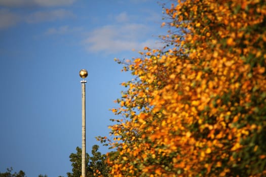 The golden flagpole and the autumn colored trees