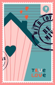 romantic postage stamps. envelopes and cards for valentine's day. Top-down view. Modern vector illustration for web design and print. Retro stamps. Correspondence and postal delivery concept.