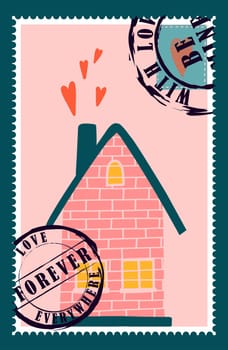romantic postage stamps. envelopes and cards for valentine's day. Top-down view. Modern vector illustration for web design and print. Retro stamps. Correspondence and postal delivery concept.