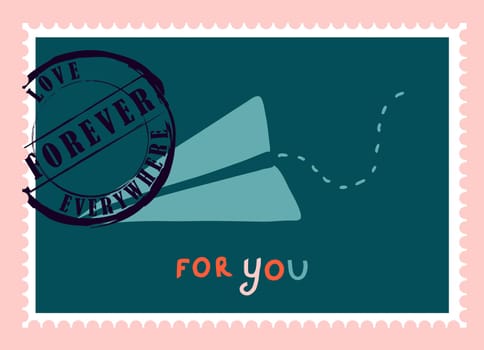 romantic postage stamps. envelopes and cards for valentine's day. Top-down view. Modern vector illustration for web design and print. Retro stamps. Correspondence and postal delivery concept.