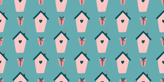 Cute love pattern. Abstract seamless pattern of love. Valentine's Day wrapping paper. Girly repeating background with birdhouses. Romantic wallpaper for girls, textiles, clothing, wrapping paper.
