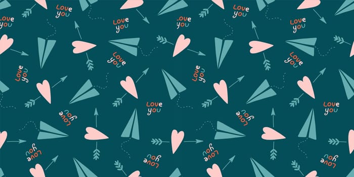 Cute love pattern. Abstract seamless pattern of love. Valentine's Day wrapping paper. Girly repeating background with hearts, stars draw in sketch style. Romantic wallpaper for girls, textiles