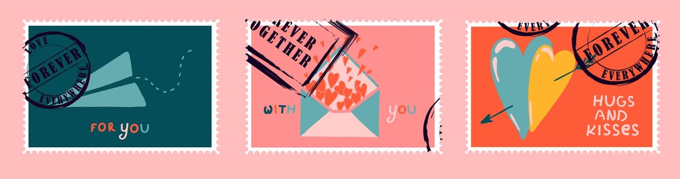 romantic postage stamps. envelopes and cards for valentine's day. Top-down view. Modern vector illustration for web design and print. Retro stamps. Correspondence and postal delivery concept.