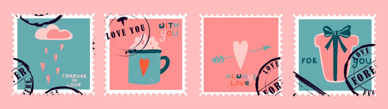 romantic postage stamps. envelopes and cards for valentine's day. Top-down view. Modern vector illustration for web design and print. Retro stamps. Correspondence and postal delivery concept.