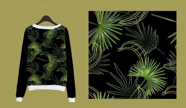 tropical leaves pattern seamless. Trending palm leaves on a dark background.