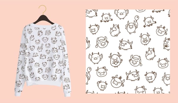 Trendy modern print for fabrics and textiles. Bulls or oxen seamless pattern. Doodle cow on a white background. Clothing design.