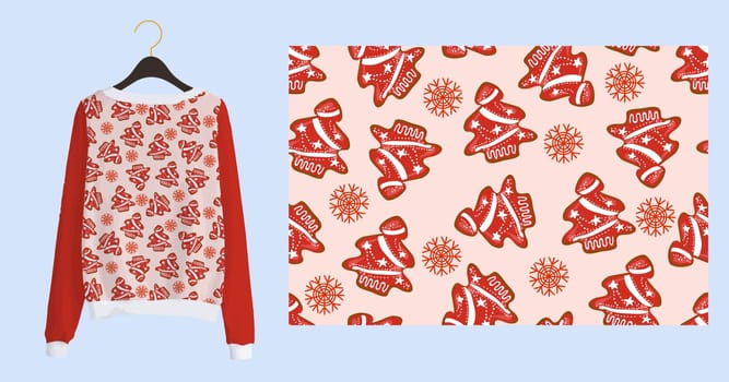 Trending Christmas print for fabric and textile. New Years seamless pattern. Christmas gingerbread. Winter pattern on a pink background.