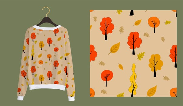 Trendy autumn pattern. Trees seamless print. Autumn forest.