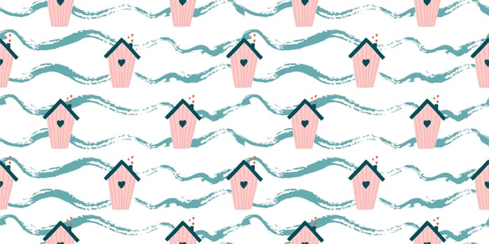 Cute love pattern. Abstract seamless pattern of love. Valentine's Day wrapping paper. Girly repeating background with birdhouses. Romantic wallpaper for girls, textiles, clothing, wrapping paper.