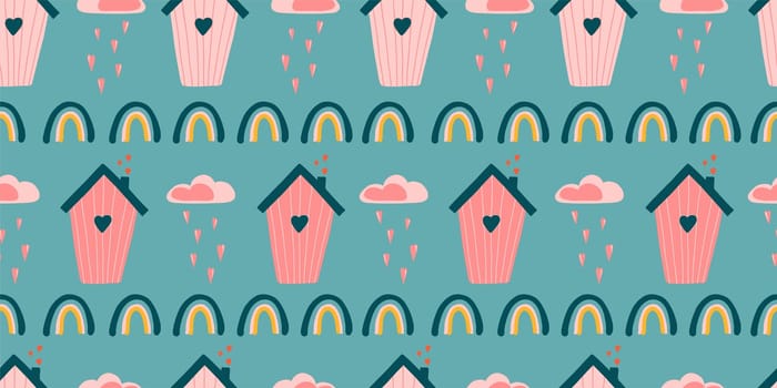 Cute love pattern. Abstract seamless pattern of love. Valentine's Day wrapping paper. Girly repeating background with birdhouses. Romantic wallpaper for girls, textiles, clothing, wrapping paper.