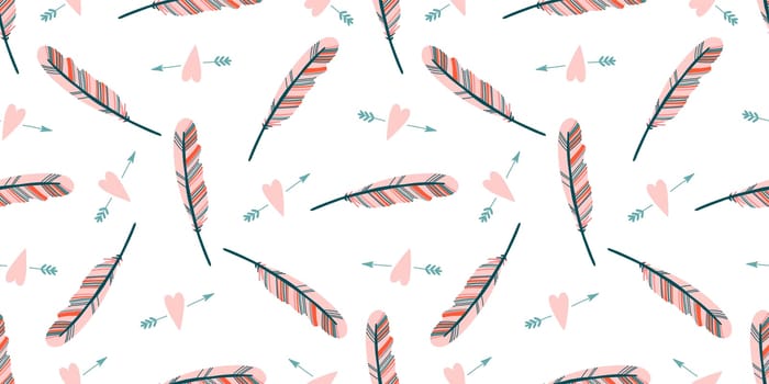 Cute love pattern. Feathers and hearts. Valentine's Day wrapping paper. Girly repeating background. Romantic wallpaper for girls, textiles, clothing, wrapping paper.
