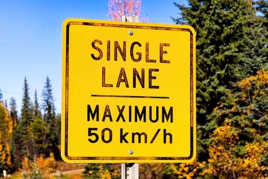 A warning Single Lane, Maxium 50 Km per hour sign.