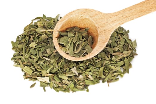 Dried Tarragon Leaves, close up and studio shot of ingredient