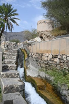 The irrigation channel of the 2000-year-old Falaj Al-Khatmeen Al-Dakhiliya water supply system in the area,district of Nizwa,Oman.
