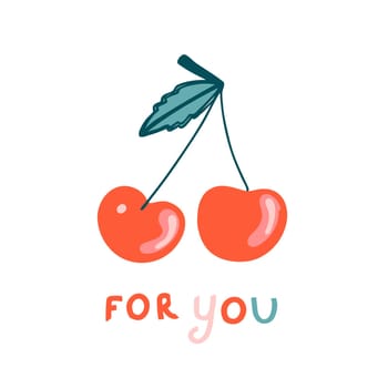 Contemporary cherry, great design for any purpose. Love symbol. Modern invitation for flyer design. Valentine's Day. Botanical print.