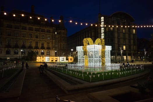 Sheffield, United Kingdom, 27th November, 2020: Wide angle image of the peace gardens in the city center featuring the annual christmas lights display