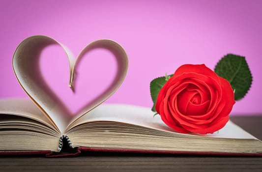 Pages of book curved into a heart shape and red rose. Love concept of heart shape from book pages on pink background