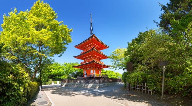 View to Kiyomizu-dera Temple complex with Pagoda in Kyoto, Japan. Shin Buddhism buildings in Southern Higashiyama