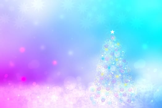 Abstract christmas tree background. Abstract blurred festive winter christmas or Happy New Year background with shiny blue pink and white bokeh lighted snow lights. Space. Card concept.