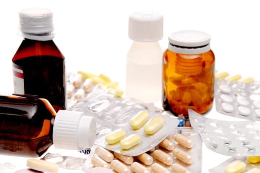 Different types of drugs on white background