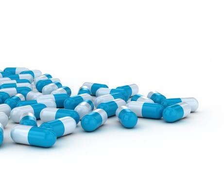 close up of blue medical capsules isolated on white background