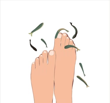 Peeling with Garra Rufa fish. pedicure in a beauty salon. Spa treatment with fish. Legs care.