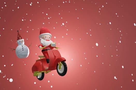 3D Rendering  , Santa claus riding a scooter and Snowman , Concept Holiday greeting card, advertising, promotion, banner, Christmas background.