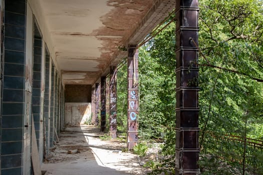 BEELITZ, GERMANY - JUN 30, 2020: Lying terraces for patients. Surgery is the most modern building of the abandoned sanatoriums and shows impressively the German expressionist architecture.
