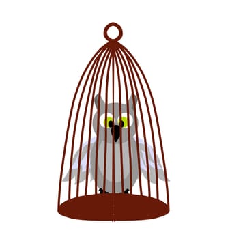 Vintage cartoon icon with potter owl cage on white background for banner design. Imagination concept. Isolated object. Vector design banner.