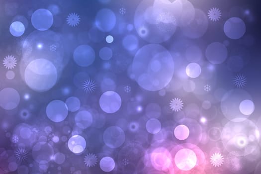 Abstract blurred festive light blue pink winter christmas or Happy New Year background with shiny blue and white bokeh lighted snowflakes and stars. Space for your design. Card concept.