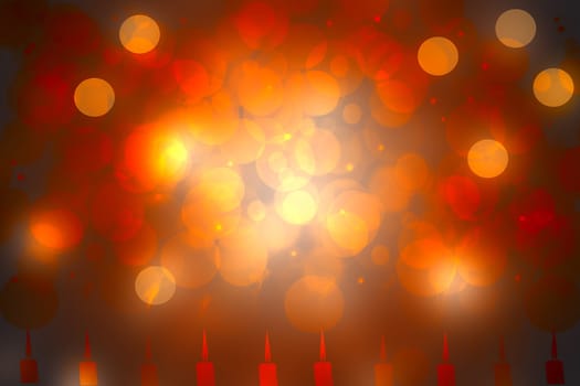 A festive abstract dark red yellow Happy New Year or Christmas texture background with xmas lights, stars and candles. Poster, banner and Card concept or advertising.