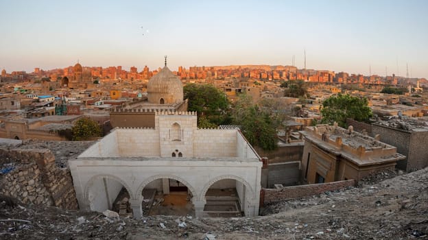 Old part of Cairo, capital of Egypt, panorama of the dead city or city of the dead. Necropolis and old cemetery where they live alive with the dead.