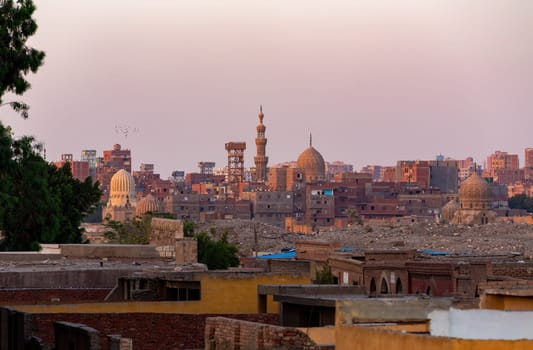 Old part of Cairo, capital of Egypt, panorama of the dead city or city of the dead. Necropolis and old cemetery where they live alive with the dead.