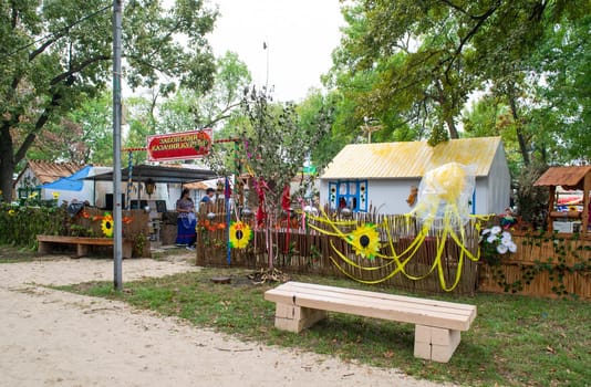 Slavyansk-on-Kuban, Russia - September 14, 2018: Day of the city of Slavyansk-on-Kuban, folk festivities in the city park. Representation of rural settlements in national traditions.