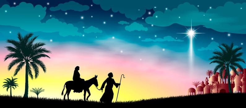 Virgin Mary and Joseph against the background of the Star of Bethlehem. Their journey. Desert, starry sky, city of Bethlehem. The biblical scene on the eve of the birth of Jesus. Christmas.