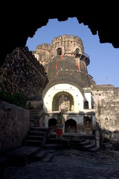 Framed view of Ganesha Temple at Jhansi Fort, Jhasi in Uttar Pradesh, India, Asia