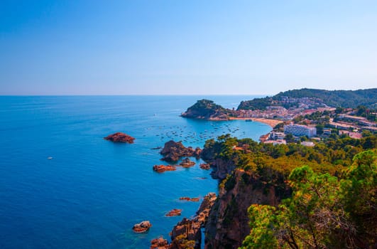 The Panoramic view of beach at Tossa de Mar. Costa Brava, Catalonia, Spain