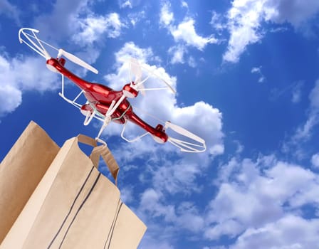 The Quadcopter Drone delivers a shopping bag against a blue sky