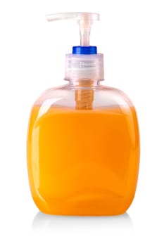 The Plastic bottle of the orange transparent liquid soap isolated on white background