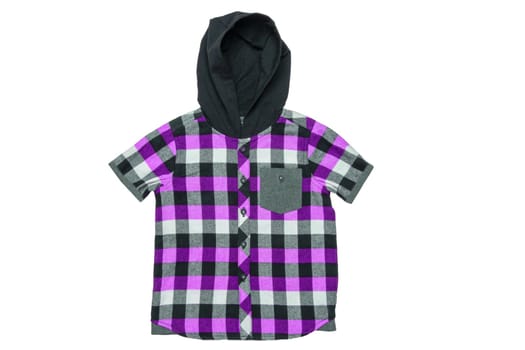 Hoodie isolated. Close-up of a trendy violet checkered hoodie shirt for boy isolated on a white background. Childrens spring, autumn and winter fashion.