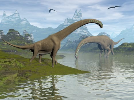 Giraffatitan dinosaurs walking in a landscape by day - 3D render