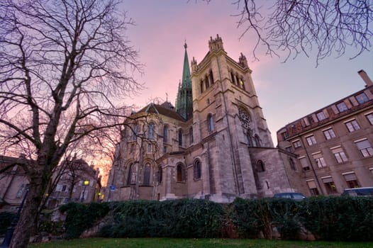 Back of Saint-Pierre cathedral and park in Geneva by sunset, Switzerland, HDR