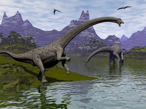 Diplodocus dinosaurs walking in a landscape by day - 3D render