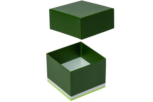 Gift box isolated. Close-up of a green opened present or gift box on a white background. Birthday, valentine, anniversary or other holidays. Macro photograph.