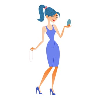 the woman fashionista sees itself in the mirror and tries on the jewels buy decoration