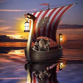 Viking boat in the sea, mix of illustration and photo